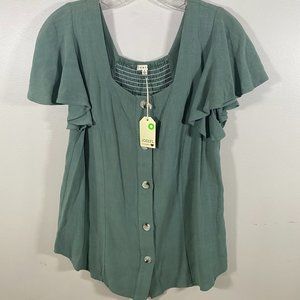 NWT Jodifl Buttoned Flutter Sleeve Blouse in Green